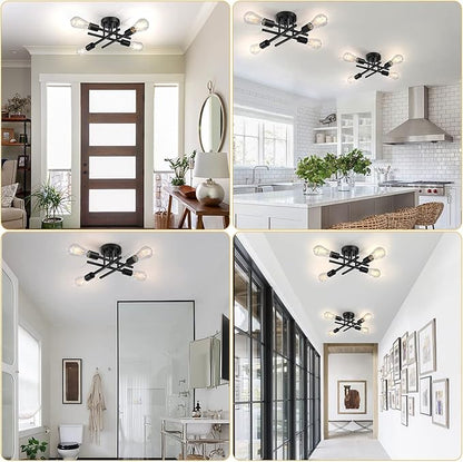 SunRider Industrial 4-Light Semi Flush Mount Ceiling Light Fixture, Modern Farmhouse Lights Matte Black, Rustic Sputnik Chandelier for Bedroom Foyer