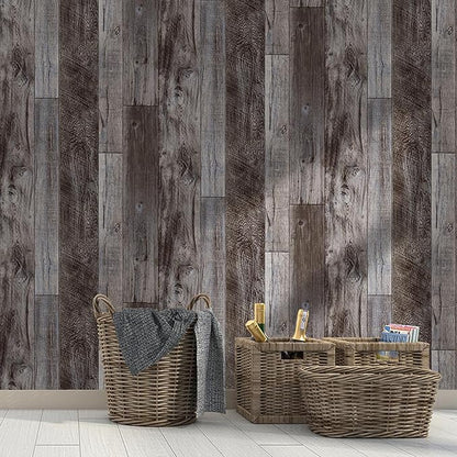 Yun-aeon Gray Wood Peel and Stick Wallpaper 17.3" X 200"Self Adhesive Wallpaper Backsplash Line Removable Wall Paper Bathroom Old Furniture Renovation Furniture