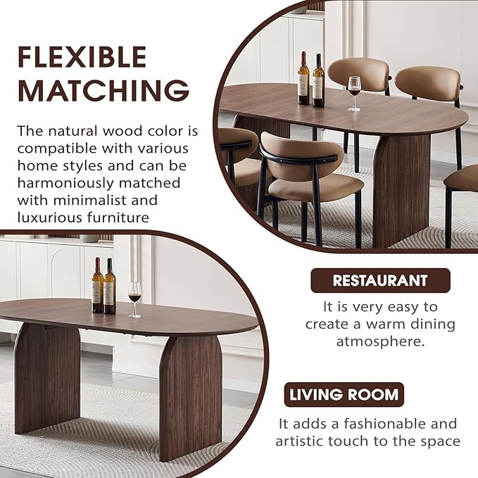70.87 inch Oval Dining Table for 6 to 8 Person, Large Oval Wooden Kitchen Dinner Table with Dual Pillar Pedestal Base, Modern Farmhouse Oval Dining Room Table for Kitchen Living Room Apartment, Brown