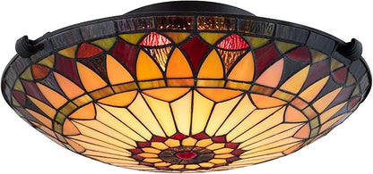 Kira Home Mateo 16" Tiffany Style Flush Mount Ceiling Light, 2-Light Hand-Crafted Art Glass Sunflower Pattern, Black Finish