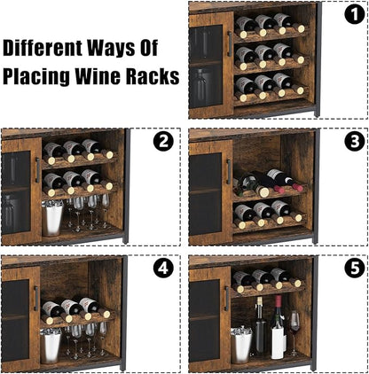 GAOMON Coffee Wine Bar Cabinet with Storage and Detachable Rack, Farmhouse Sideboard and Buffet Cabinet with Glass Holder and Mesh Door, Liquor Coffee Bar Cupboard, Rustic Brown