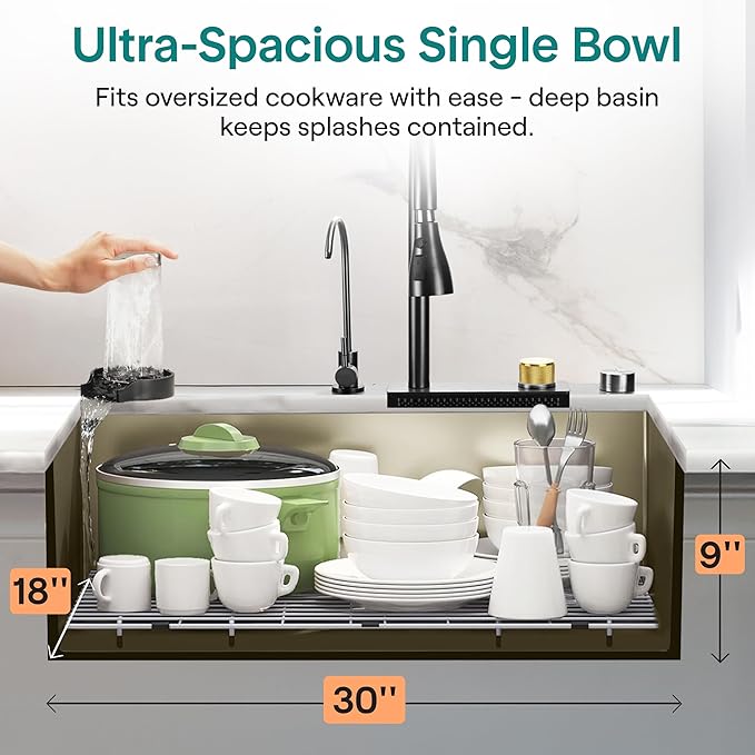 SereneLife Stainless Steel Kitchen Sink | Undermount & Drop-In Installation |13 Gauge & 30"L x 18"W x 9"H IN | Includes Faucet, Drain Rack, Strainer Basket, Cutting Board & Cup Washer | Gray