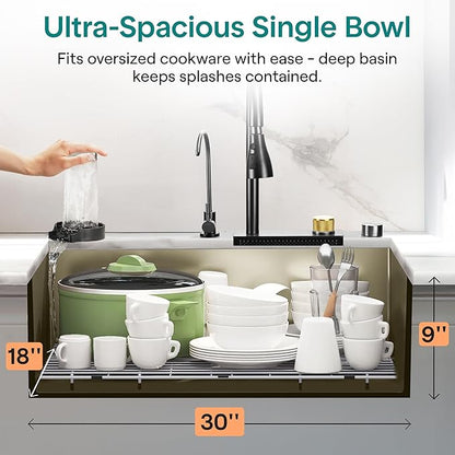 SereneLife Stainless Steel Kitchen Sink | Undermount & Drop-In Installation |13 Gauge & 30"L x 18"W x 9"H IN | Includes Faucet, Drain Rack, Strainer Basket, Cutting Board & Cup Washer | Gray