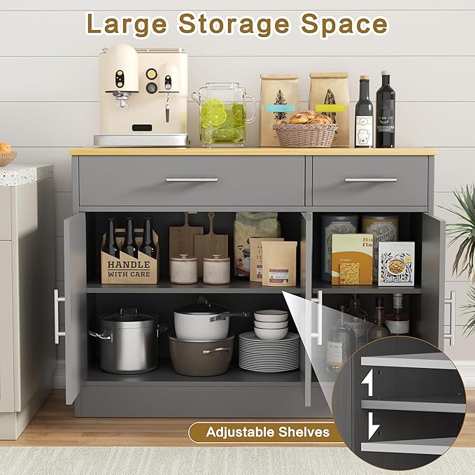 Shintenchi 3 Doors Farmhouse Sideboard Buffet Cabinet, 42" Barn Doors Buffet with Storage, Wood Coffee Bar Cabinet with Adjustable Shelf for Kitchen, Living Room,Grey