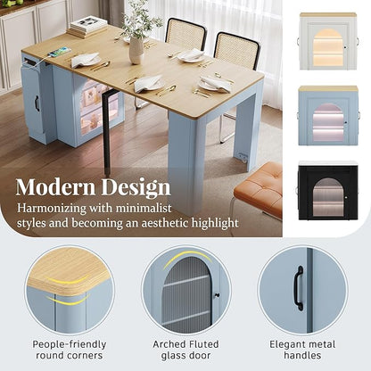 SOFTSEA Extendable Dining Table with 3 Removable Leaves, Mobile Rolling Island Table with USB Ports & Power Outlet, Foldable Kitchen Cabinet for Dining Room Living Room, Blue Grey