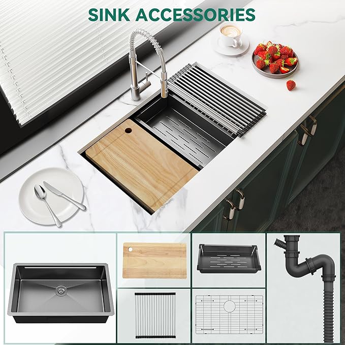 YITAHOME Kitchen Sink Undermount Workstation 32in,Gunmetal Black Stainless Steel Single Bowl w/Ledge & Accessories, Nano-treated Surface Prevents Scratches, RV, Bar Sink 32x19x10in