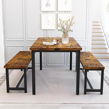 Recaceik 47” Dining Table Set for 4, 3-Piece Kitchen Table with 2 Benches, Wood Kitchen Table and Chair Set, Space-Saving Dining Room Set Dinette Set for Breakfast Nook and Small Space, Rustic Brown