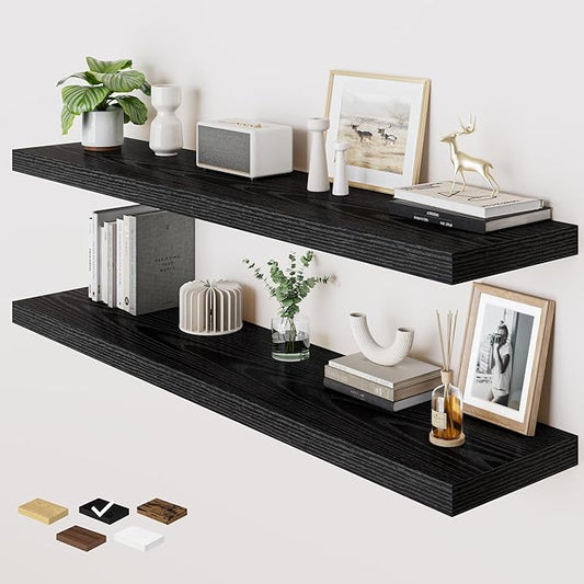 RICHFOCUS Deep Floating Shelves for Wall 2 Pack 12" D 55 Inch Wall Shelves for Room Wall|Wood Hanging Shelf with Invisible Brackets for Bathroom Bedroom Kitchen Laundry Room, Black