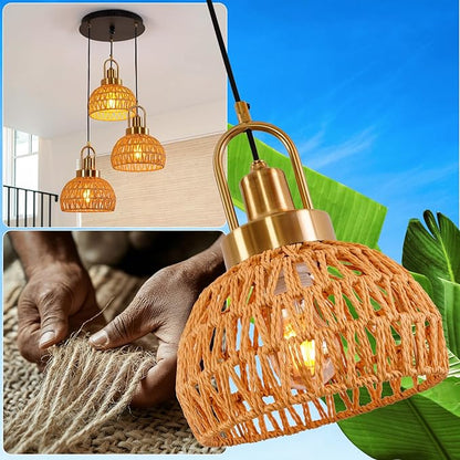 Modern Boho Gold Rattan Pendant Light 3-Lights Vintage Farmhouse Rattan Pendant Light Fixture Hand Woven Golden Bamboo Wicker Pendant Lights for Kitchen, Stairwell, Entryway, Living Room