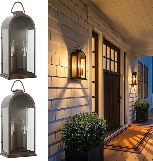 Outdoor Wall Light Fixtures, 2-Light Porch Lights Outdoor, Matte Bronze Exterior Waterproof Wall Sconce with Glass Shade, Outside Lantern for House Doorway Patio Entryway, E12 Socket, 2 Pack