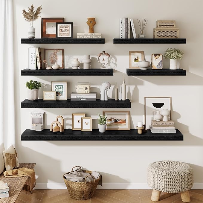 Fun Memories 12 Inch Deep Floating Shelves for Wall, 30 Inch Long Floating Shelf, 30 x 12 Shelf for Wall, Rustic Wood Bookshelves, Hanging Shelves for Bathroom Kitchen Bedroom, Black, Set of 2