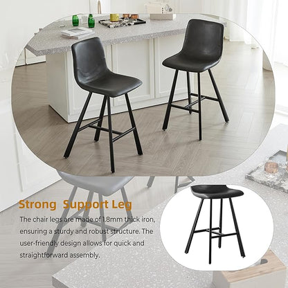 26" Counter Height Bar Stools Set of 2,Faux Leather Barstools with Ergonomic Backrest & Footrest, Sturdy Black Metal Frame PU Bar Chairs for Kitchen Island, Home Bar, Restaurant (Black)