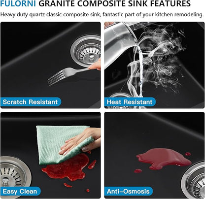 33 Granite Composite Kitchen Sink Double Bowl - Fulorni 33"x19" Granite Kitchen Sink Ledge Workstation Undermount Double Bowl 50/50 Matte Black Quartz Classic Under Counter Basin