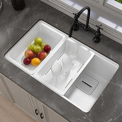 33 in. White Undermount Workstation Kitchen Sink Granite Composite Drop-in Sink Deep Modern Farmhouse Sink Single Bowl 33x19 with Accessory Kit