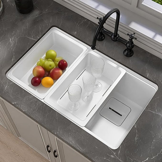 33 in. White Undermount Workstation Kitchen Sink Granite Composite Drop-in Sink Deep Modern Farmhouse Sink Single Bowl 33x19 with Accessory Kit