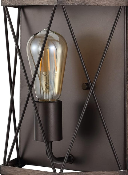 JONATHAN Y 8.25" Wood Finished/Oil Rubbed Bronze 1-Light Iron Sconce, Rustic Farmhouse X-Frame Wall Lantern for Entryway Hallway, Modern Industrial, LED Bulb Included JYL1309A
