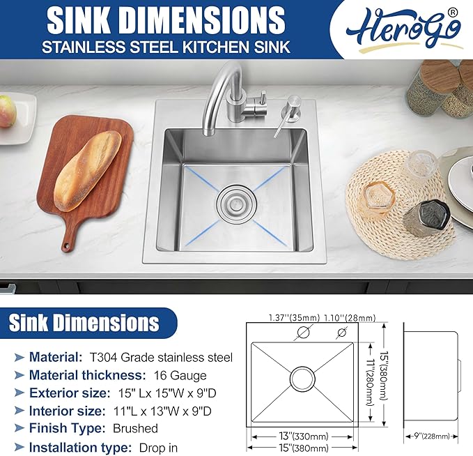 Herogo 15×15 Inch Kitchen Bar Sink, Small Deep Drop In Single Bowl Sink with 16 Gauge Stainless Steel Bottom Grid Drying Rack for RV Laundry Yard Farmhouse Office