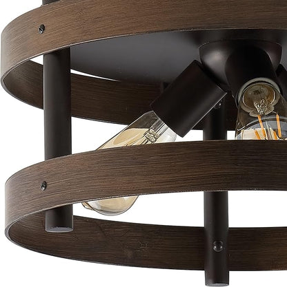 JONATHAN Y 16" Dark Brown Wood and Oil Rubbed Bronze 3-Light Iron Flush Mount, Farmhouse Industrial Round Ceiling Light for Kitchen Bedroom Hallway, LED Bulbs Included JYL1305A