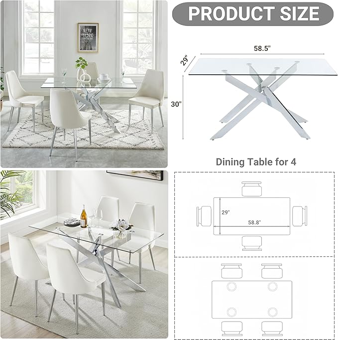 Edwin's Choice 58.5” Rectangle Glass Dining Table, Tempered Glass Tabletop and Metal Tubular Legs, Modern Style Table for Home, Kitchen, Dining Room 58.5”Lx29”Wx30”H, Silver (Table Only)