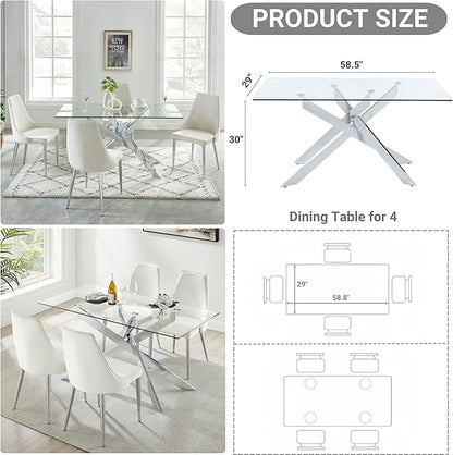 Edwin's Choice 58.5” Rectangle Glass Dining Table, Tempered Glass Tabletop and Metal Tubular Legs, Modern Style Table for Home, Kitchen, Dining Room 58.5”Lx29”Wx30”H, Silver (Table Only)