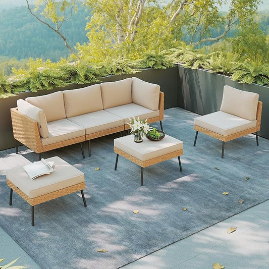 Aoxun 6 Piece Patio Furniture Set, 6 Seats Outdoor Sectional Sofas with Thick Cushion, Wicker Outdoor Patio Furniture Set with Ottomans for Party, Garden, Backyard, Beige