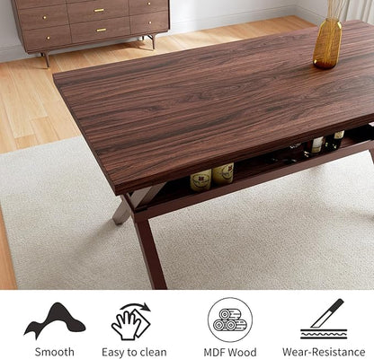 HIPIHOM 63" Modern Dining Room Table with Storage Shelves, MDF Kitchen Table with Scratch-Resistant Surface, Strong Metal Legs, Great for Apartments and Breakfast Nooks