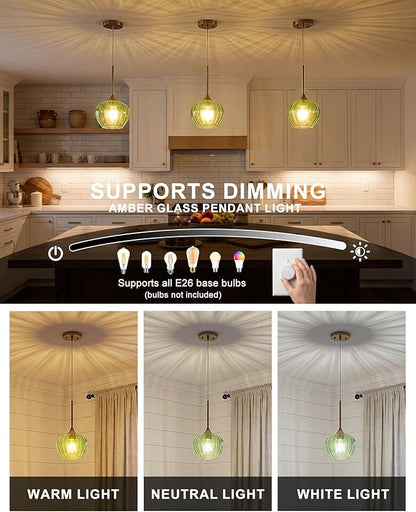 Green Glass Pendant Lights Kitchen Island, 7" Vintage Pendant Lighting with Brushed Gold Adjustable Hanging Light Fixtures for Kitchen, Dining Room, Sink, Bathroom