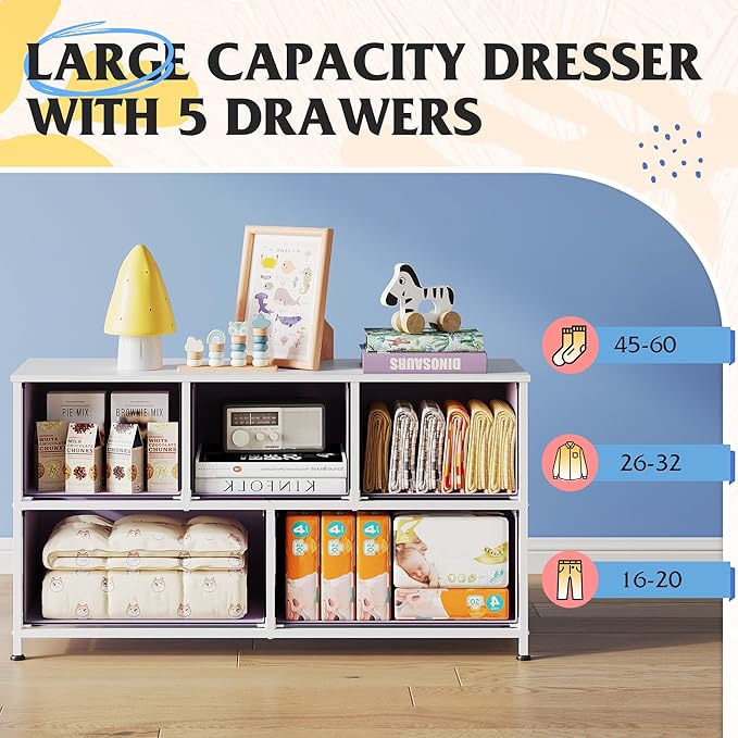 WLIVE Dresser for Bedroom with 5 Drawers, Wide Chest of Drawers, Fabric Dresser, Storage Organizer Unit with Fabric Bins for Closet, Living Room, Hallway,A-Pink