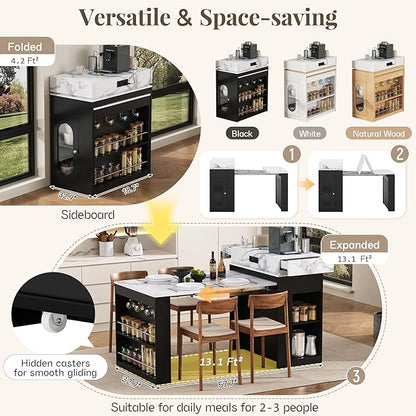 Extendable Dining Table with Folding Tabletop & Power Outlet, Modern Kitchen Island Sideboard with Wheels, Hidden Drawers & USB Charging, Sturdy Buffet Table for Small Spaces (Black)