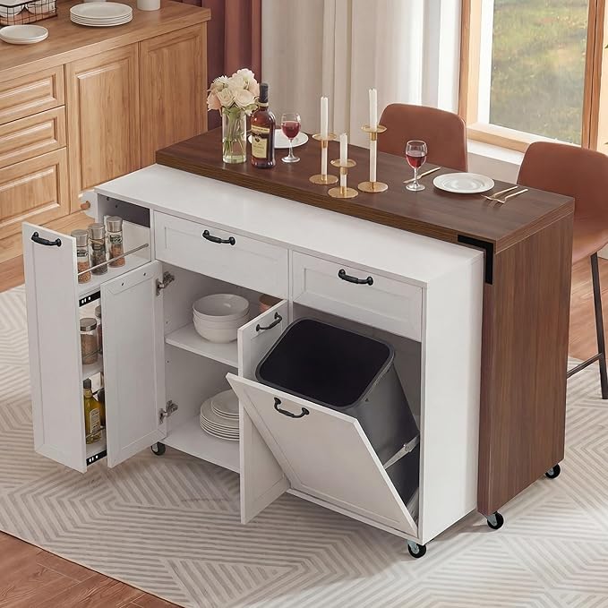 Kitchen Island with Extendable Dining Table Rolling Cart with Trash Storage Cabinet and 3-Tier Pull-Out Spice Rack for Dining Room Practical(White)