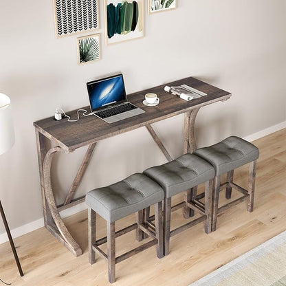 HMFULE 4 Piece Bar Table Set with Power Outlet, 59'' Dining Bar Table and Chairs Set, Industrial Breakfast Table with 3 Padded Stools for Living Room Dining Room Game Room Brown