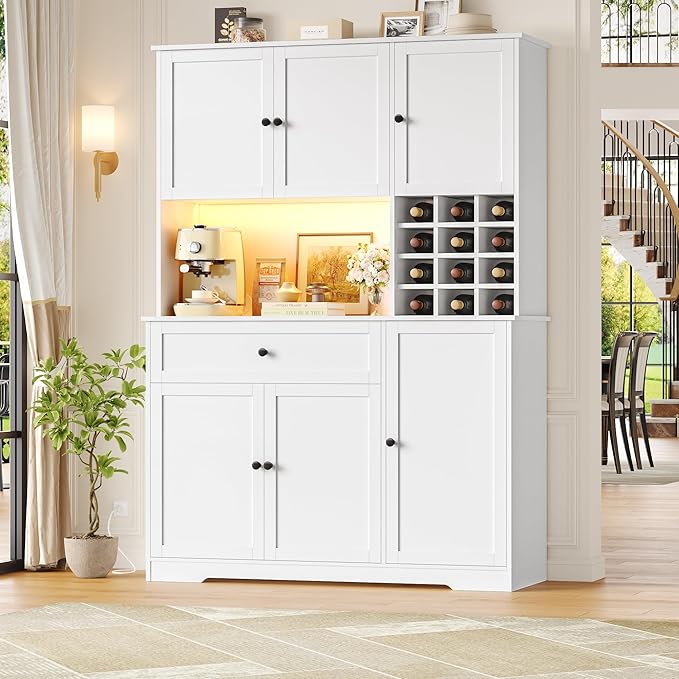 FINETONES Pantry Cabinet with 7-Color LED Light and Charging Station, 71" Tall Kitchen Pantry Cabinet with Microwave Stand, Modern Kitchen Hutch with Storage Drawer for Dining Room, White