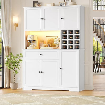 FINETONES Pantry Cabinet with 7-Color LED Light and Charging Station, 71" Tall Kitchen Pantry Cabinet with Microwave Stand, Modern Kitchen Hutch with Storage Drawer for Dining Room, White