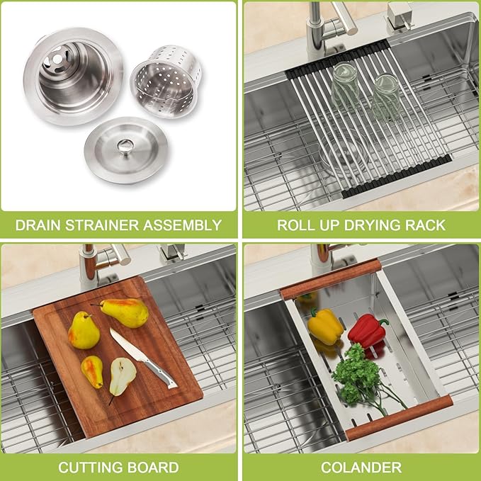 33x19 Drop in Kitchen Sink Workstation- MERYIAO 33 Inch Drop In Kitchen Sinks Handmade T304 16 Gauge Stainless Steel Single Topmount Bowl 9" Deep Basin