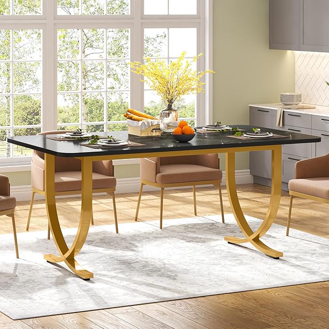 LITTLE TREE Dining Room Table, Kitchen Table with Faux Marble Table Top and Gold Metal Legs