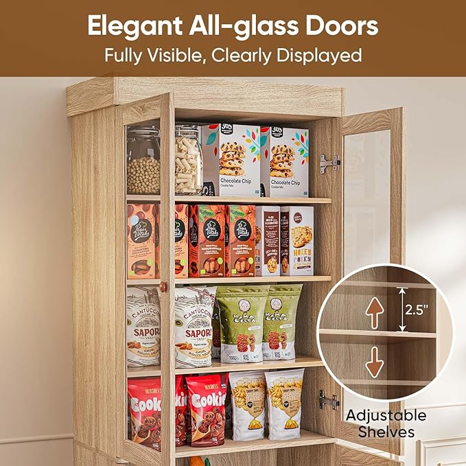 ivaniti 71" Tall Farmhouse Kitchen Pantry, Rustic Brown Wood Storage Cabinet with Glass Doors and Adjustable Shelves, Versatile Hutch for Dining Room, Living Room, Set of 2