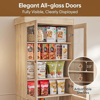 ivaniti 71" Tall Farmhouse Kitchen Pantry, Rustic Brown Wood Storage Cabinet with Glass Doors and Adjustable Shelves, Versatile Hutch for Dining Room, Living Room, Set of 2