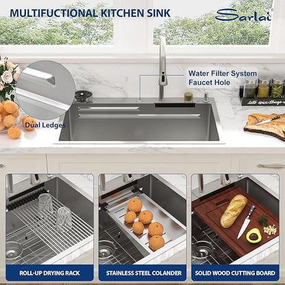 Sarlai 30 Inch Waterfall Kitchen Sink Drop In - 30x22 Waterfall Drop Workstation Stainless Steel 16 Gauge Multifunction Single Bowl Smart Top Mount Kitchen Sink with Faucet Combo