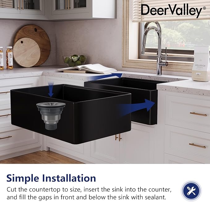 DeerValley Black Farmhouse Sink for Kitchen 30 inch, Fireclay Single Bowl Front Apron Workstation Kitchen Sink with Grid, Strainer & Workstation Accessories