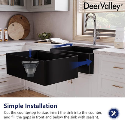 DeerValley Black Farmhouse Sink for Kitchen 30 inch, Fireclay Single Bowl Front Apron Workstation Kitchen Sink with Grid, Strainer & Workstation Accessories