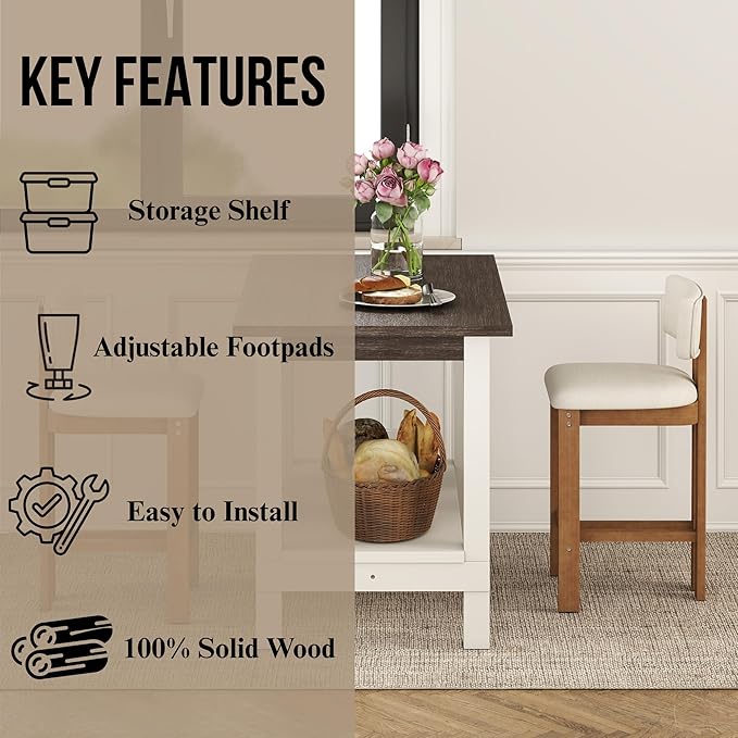 47.25" Dining Table for 2 4 6 Rectangular Solid Wood High Top Table, Rustic Dining Room Table with Open Shelves for Kitchen, Living Room, Home Office, Brown Brush and White