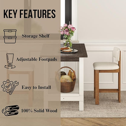 47.25" Dining Table for 2 4 6 Rectangular Solid Wood High Top Table, Rustic Dining Room Table with Open Shelves for Kitchen, Living Room, Home Office, Brown Brush and White