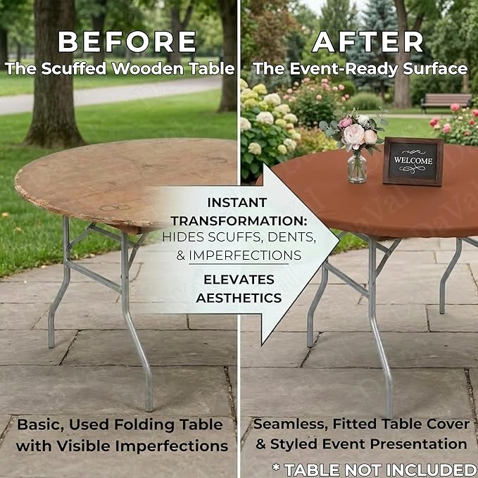 Kwik-Covers 10 Pack of Round Plastic Table Covers - 60" or 72" Round - Indoor or Outdoor Fitted Covers (Tables NOT Included) (Brown, 60" Round)