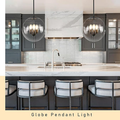 Bagood 14" Globe Pendant Light 3-Light Black Mid Century Pendant Light Clear Glass Lights Kitchen Island Mid Century Adjustable Hanging Farmhouse Globe Fixtures for Living Room Lobby