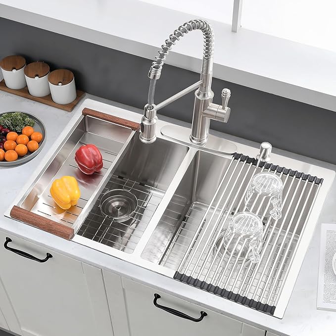 33x22 Double Bowl Drop In Kitchen Sink - 16 Gauge Stainless Steel Top Mount Drop In Sink, 50/50 Split, Durable for Home Kitchen