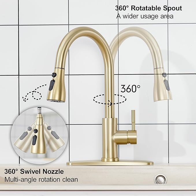 GAGALIFE Brushed Gold Kitchen Faucets with Pull Down Sprayer - High Pressure Blade Spray Kitchen Sink Faucet, High Arc Single Handle Stainless Steel Classic Pull Out Spray Kitchen Faucet 1 or 3 Hole