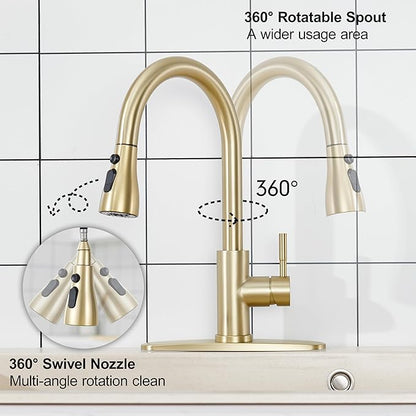 GAGALIFE Brushed Gold Kitchen Faucets with Pull Down Sprayer - High Pressure Blade Spray Kitchen Sink Faucet, High Arc Single Handle Stainless Steel Classic Pull Out Spray Kitchen Faucet 1 or 3 Hole