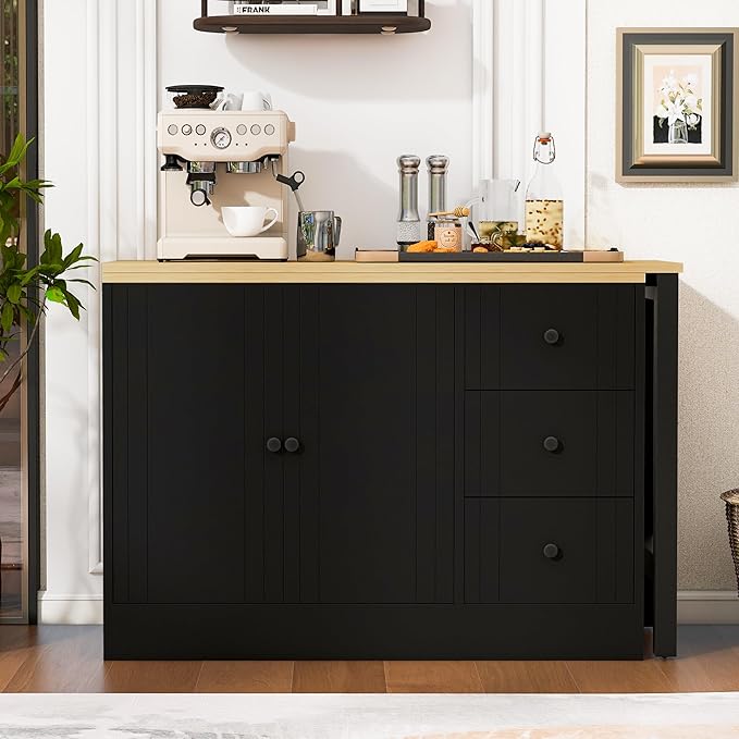 JIJIWANG 89.7'' Wooden Sideboard with Extendable Table,Multifunctional Storage Kitchen Island with 2 Doors and 3 Drawers,for Living Room,Study,Foyer and Kitchen, Black+Natural