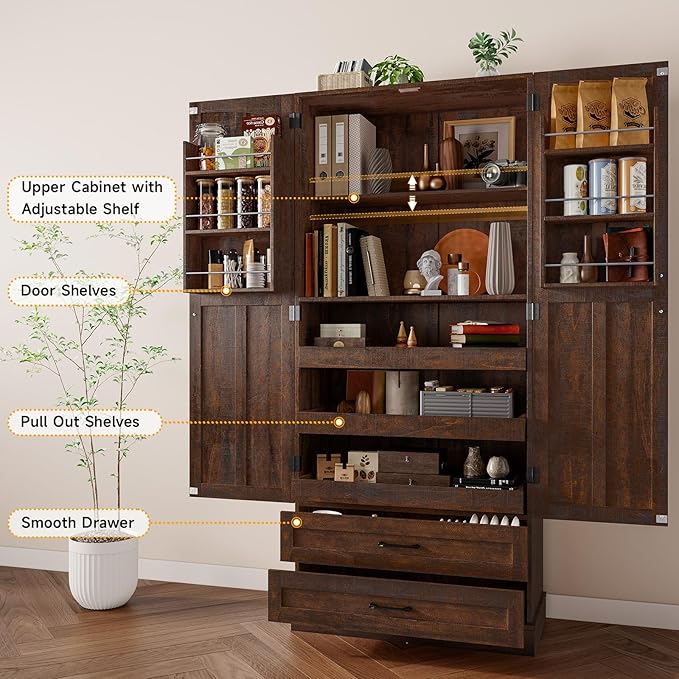 ONBRILL 71" Tall Farmhouse Kitchen Pantry Cabinet with 3 Pull Out Shelves & 2 Large Drawers, Pantry Storage Cabinet with 6 Door Shelf & Adjustable Shelf, Freestanding Cupboard for Kitchen, Dining Room
