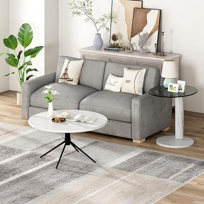 Hooseng Set of 2 Round Coffee Tables, Faux Marble Top and Modern Tempered Transparent Glass Top,Perfect for Living Room,Cafe,Home,and Office(Coffee Table+Side Table)